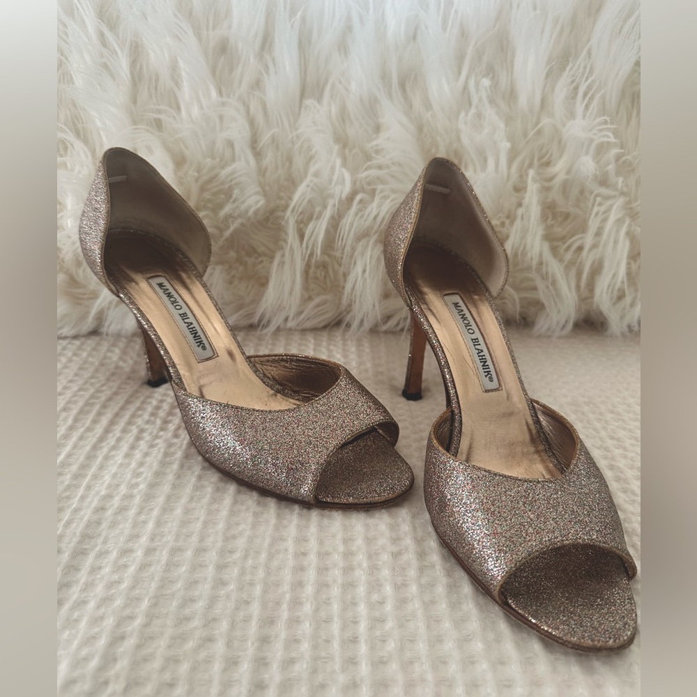Manolo Blahnik peep toe glitter heals